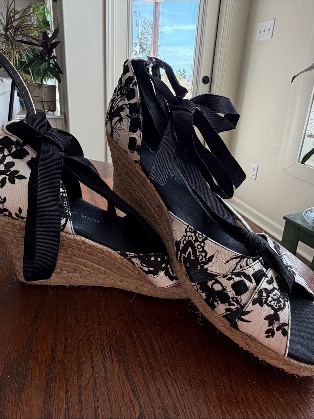Montego Bay Club Black and Cream Floral Espadrille Wedges with Ankle Ribbon
